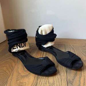 Fendi Black Wrap Ankle Open-Toe Flat Sandals